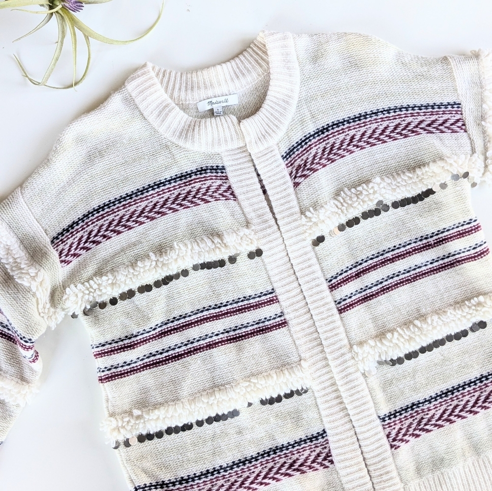 Madewell Paillette-Stripe Knit Wool Nordic Open Front Cardigan Sweater — Size S - Picture 2 of 5
